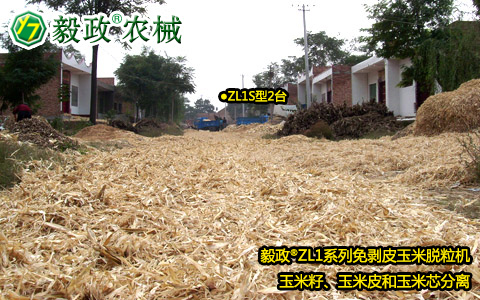 毅政牌ZL1系列免剝皮玉米脫粒機在村里脫粒